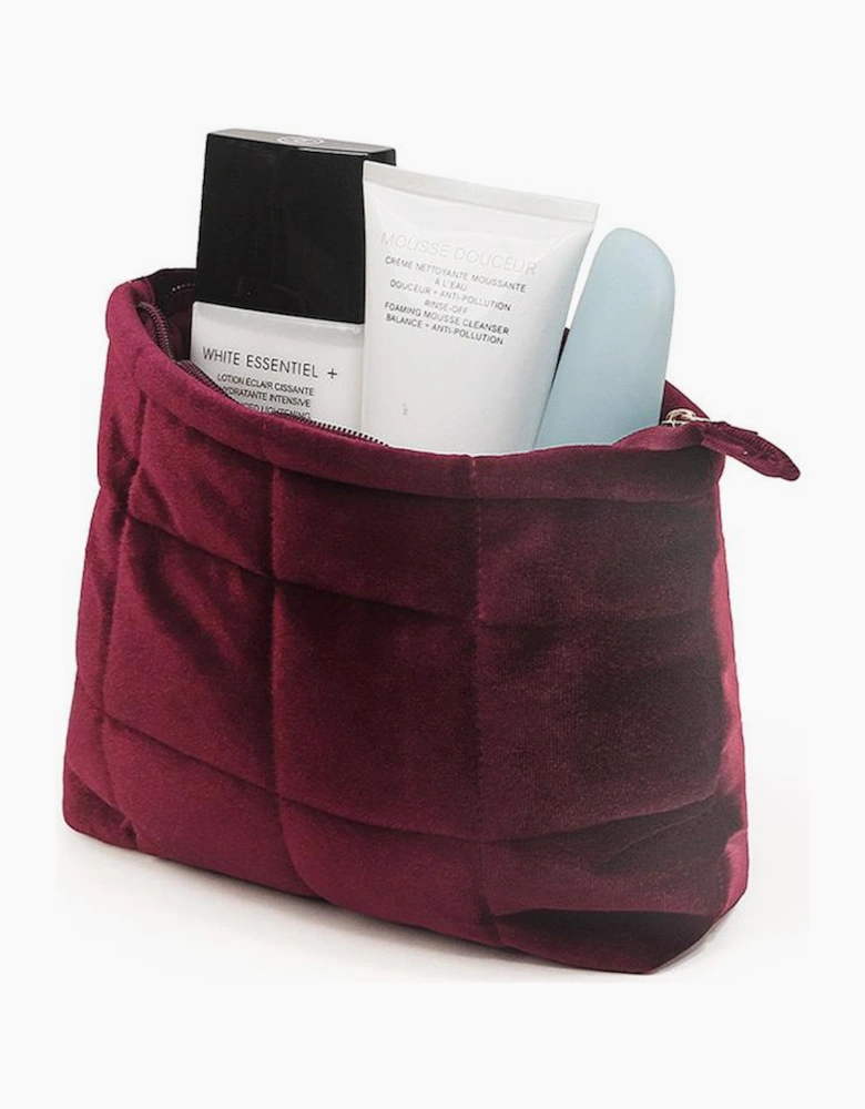 Burgundy Quilted Velour Zipper Cosmetic Organize Pouch