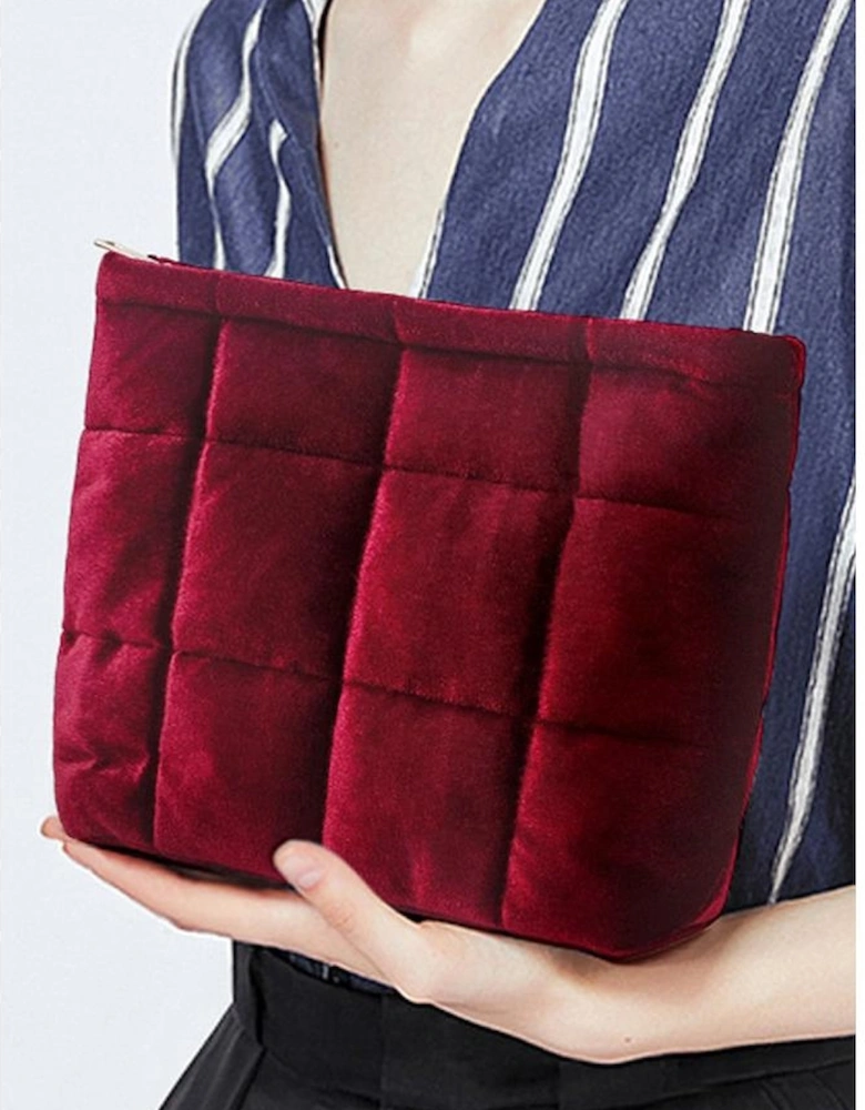 Burgundy Quilted Velour Zipper Cosmetic Organize Pouch