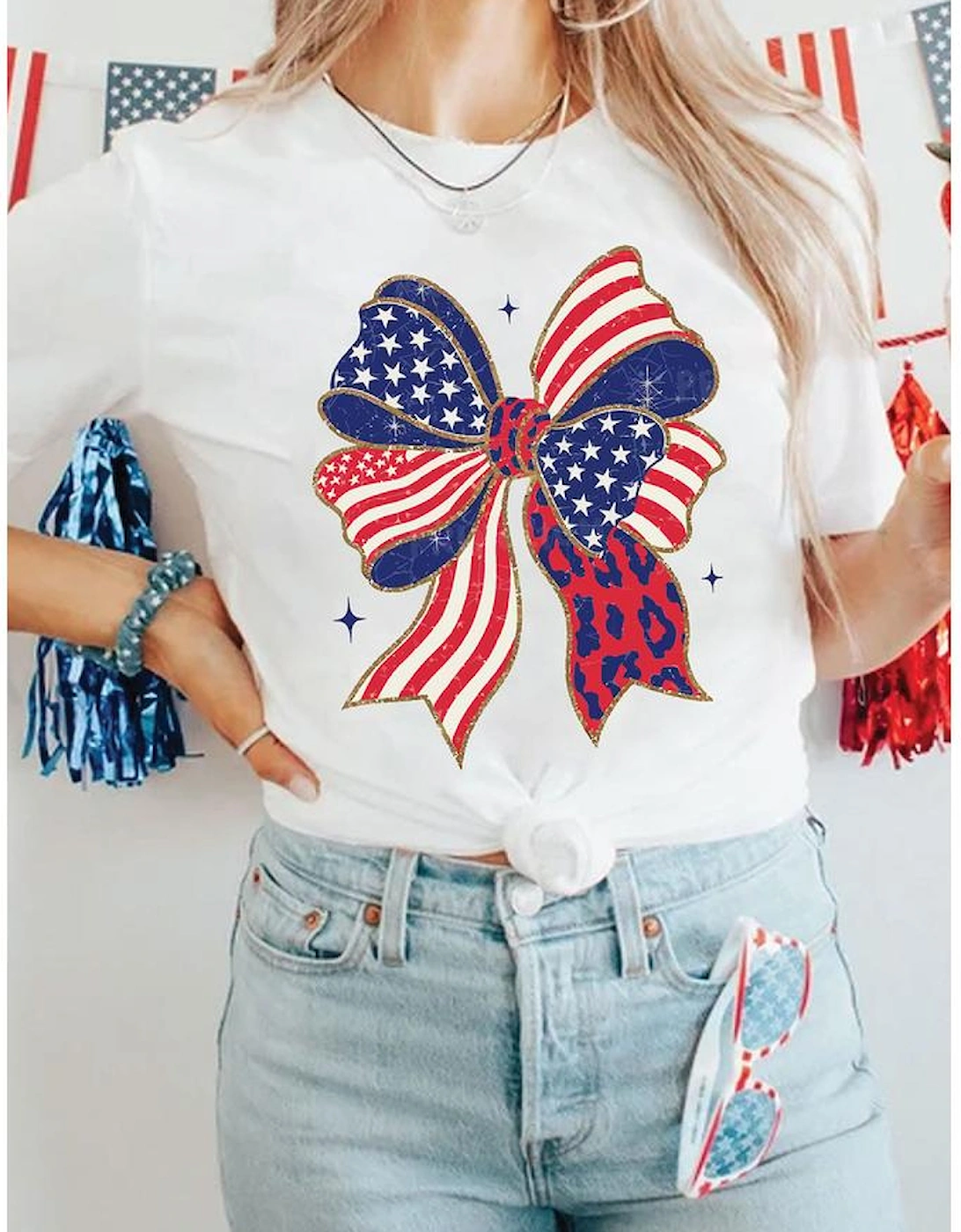 White Stars and Stripes Bow Print 4th of July T Shirt