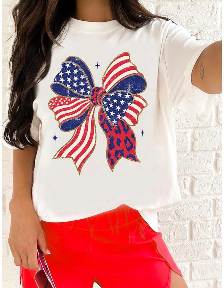 White Stars and Stripes Bow Print 4th of July T Shirt