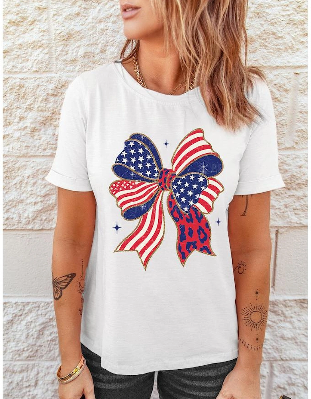 White Stars and Stripes Bow Print 4th of July T Shirt