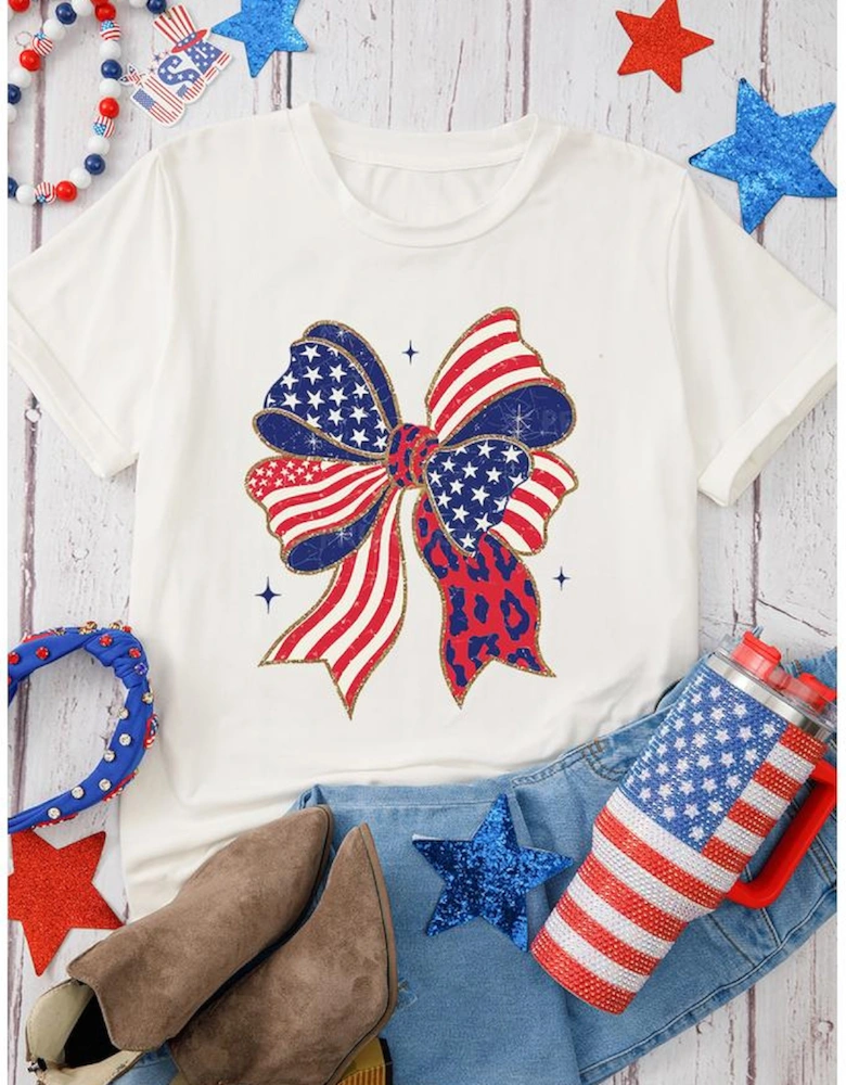 White Stars and Stripes Bow Print 4th of July T Shirt