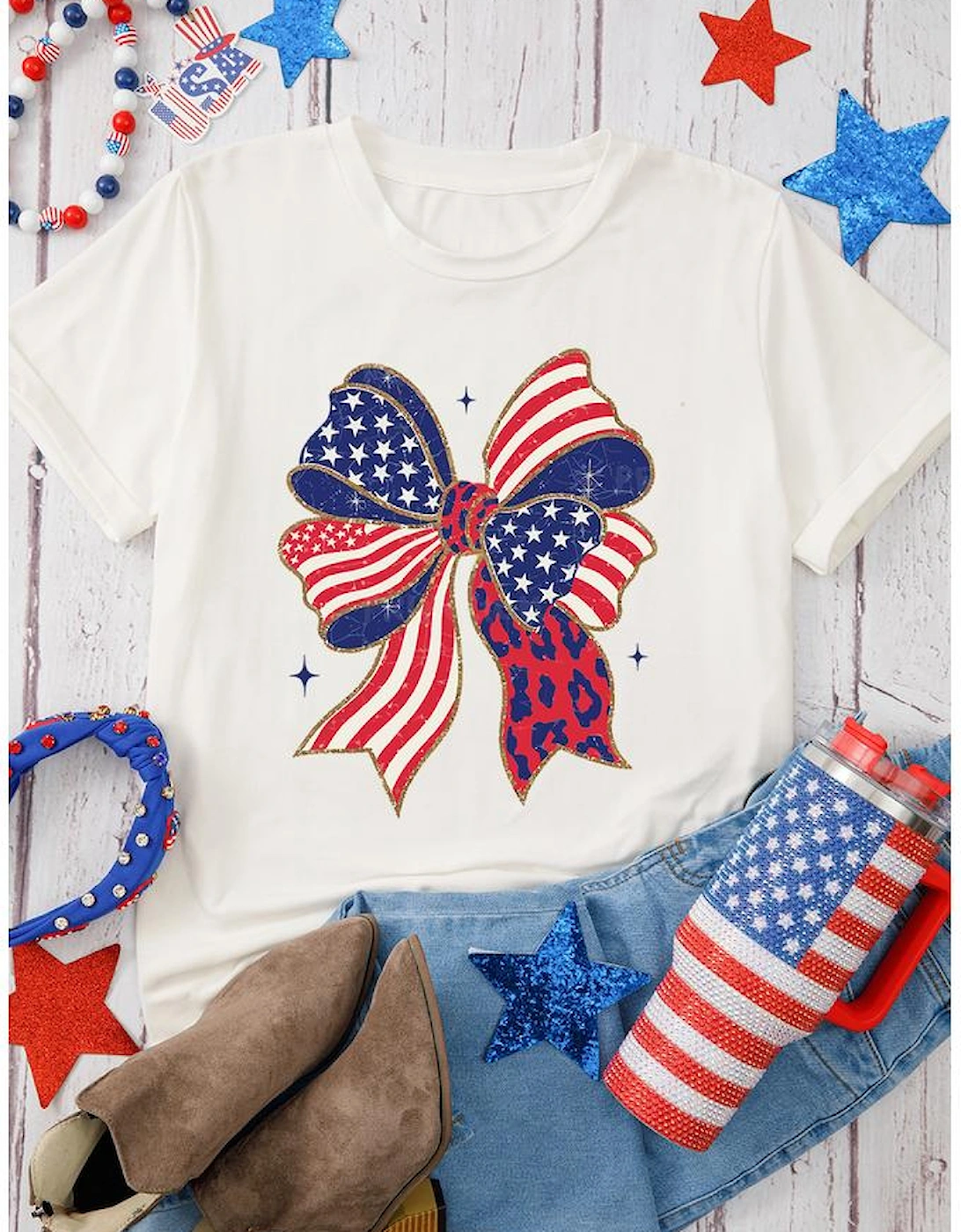 White Stars and Stripes Bow Print 4th of July T Shirt, 11 of 10