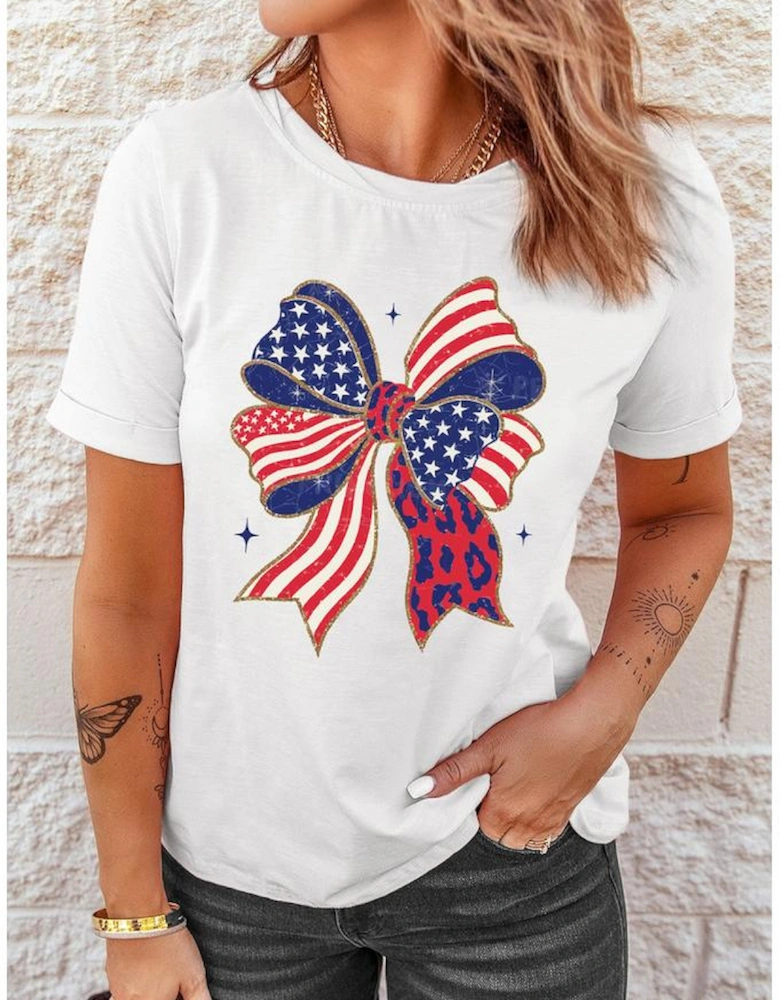 White Stars and Stripes Bow Print 4th of July T Shirt