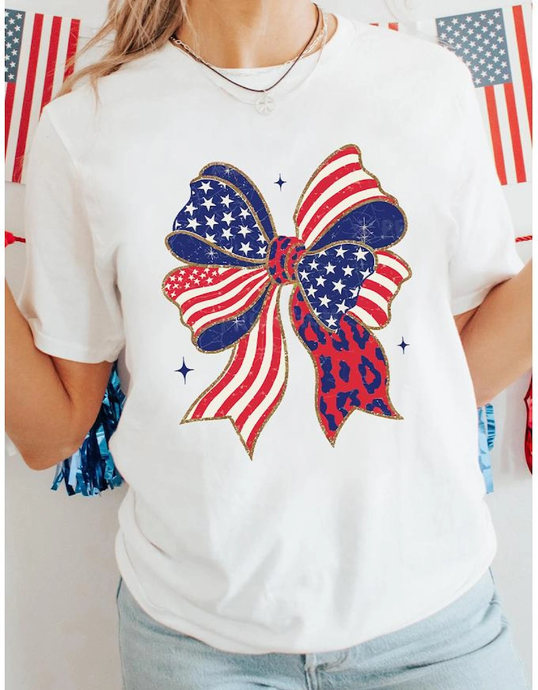 White Stars and Stripes Bow Print 4th of July T Shirt