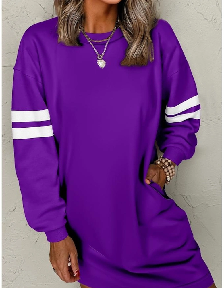 Tillandsia Purple Varsity Contrast Banded Sleeve Shift Sweatshirt Dress