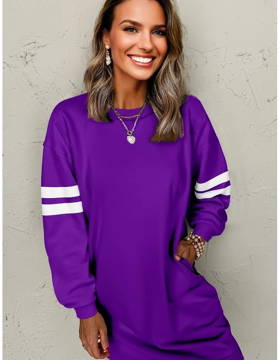 Tillandsia Purple Varsity Contrast Banded Sleeve Shift Sweatshirt Dress, 3 of 2