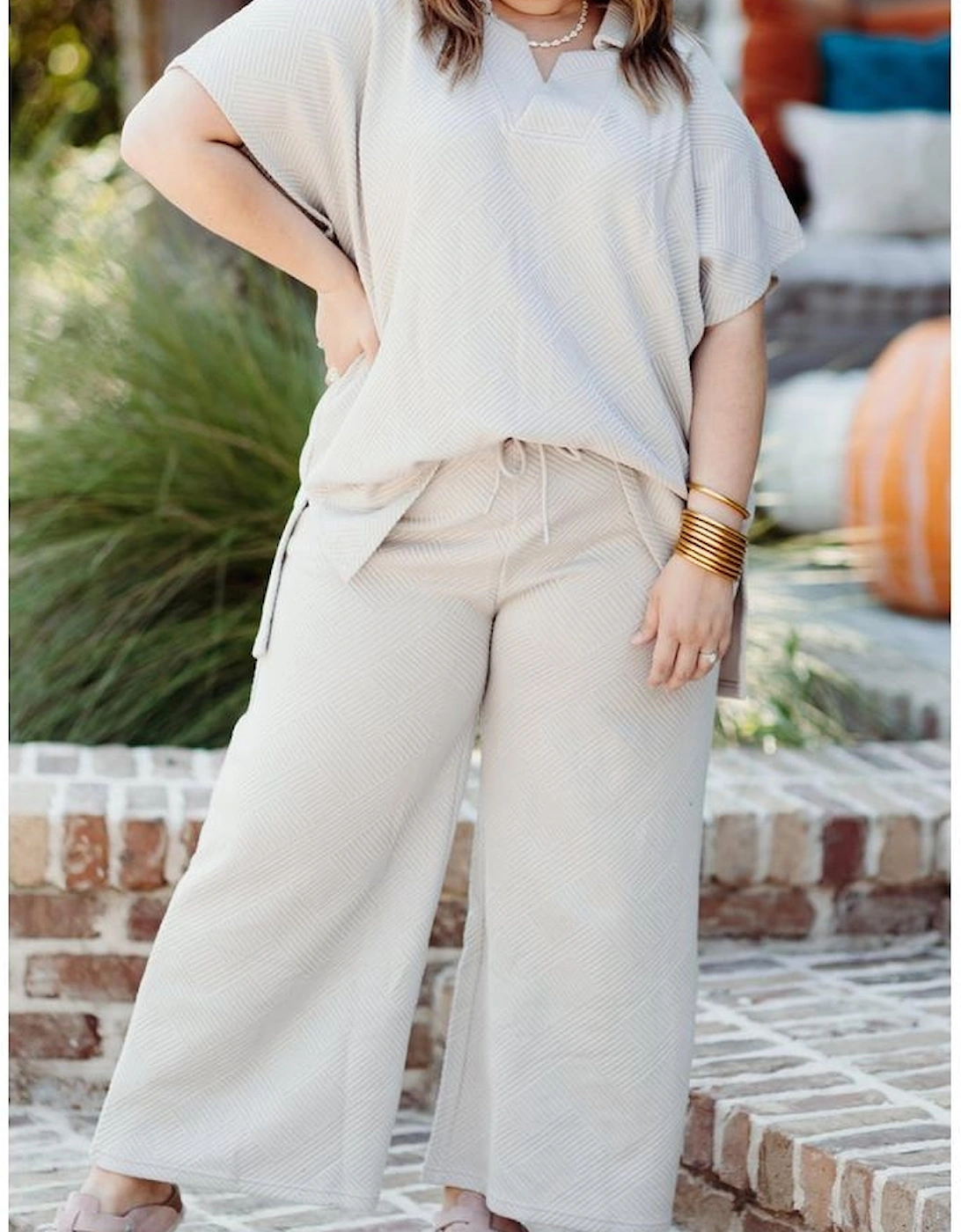 Beige Plus Size Textured Collared Top and Pants Set