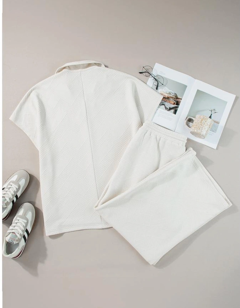 Beige Plus Size Textured Collared Top and Pants Set