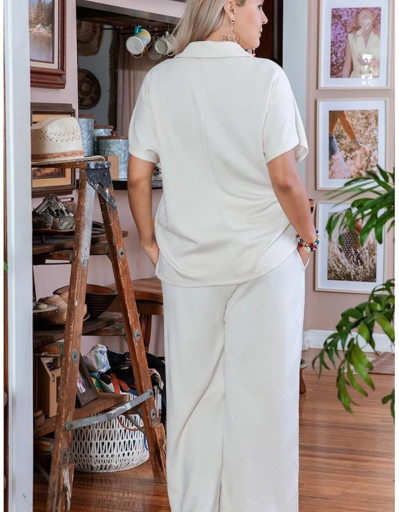 Beige Plus Size Textured Collared Top and Pants Set