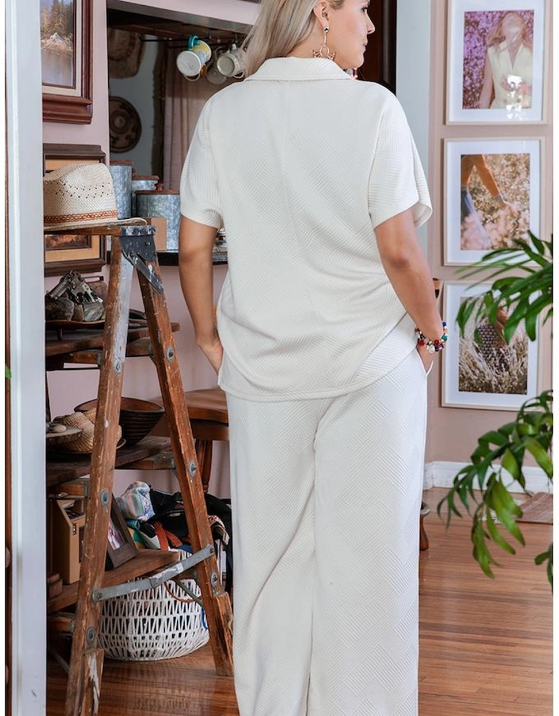 Beige Plus Size Textured Collared Top and Pants Set, 14 of 13