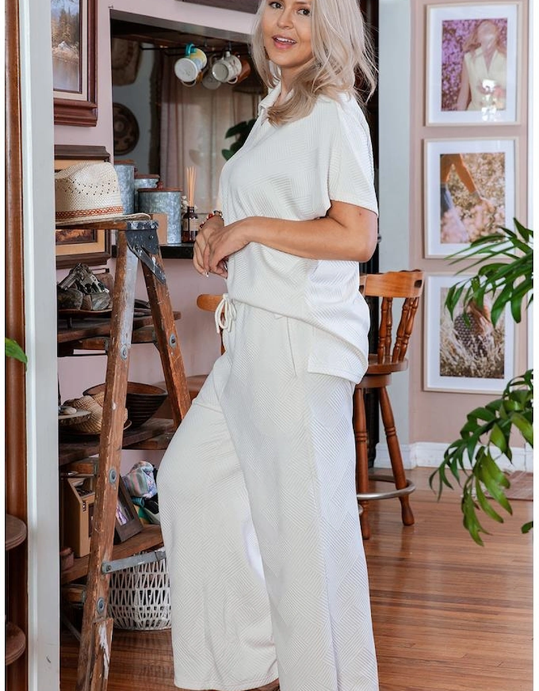 Beige Plus Size Textured Collared Top and Pants Set