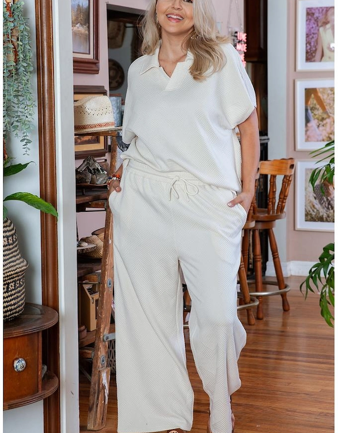 Beige Plus Size Textured Collared Top and Pants Set