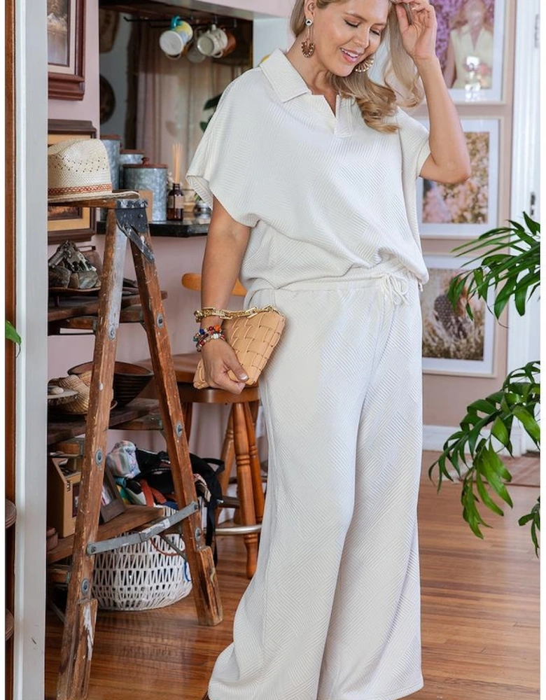 Beige Plus Size Textured Collared Top and Pants Set