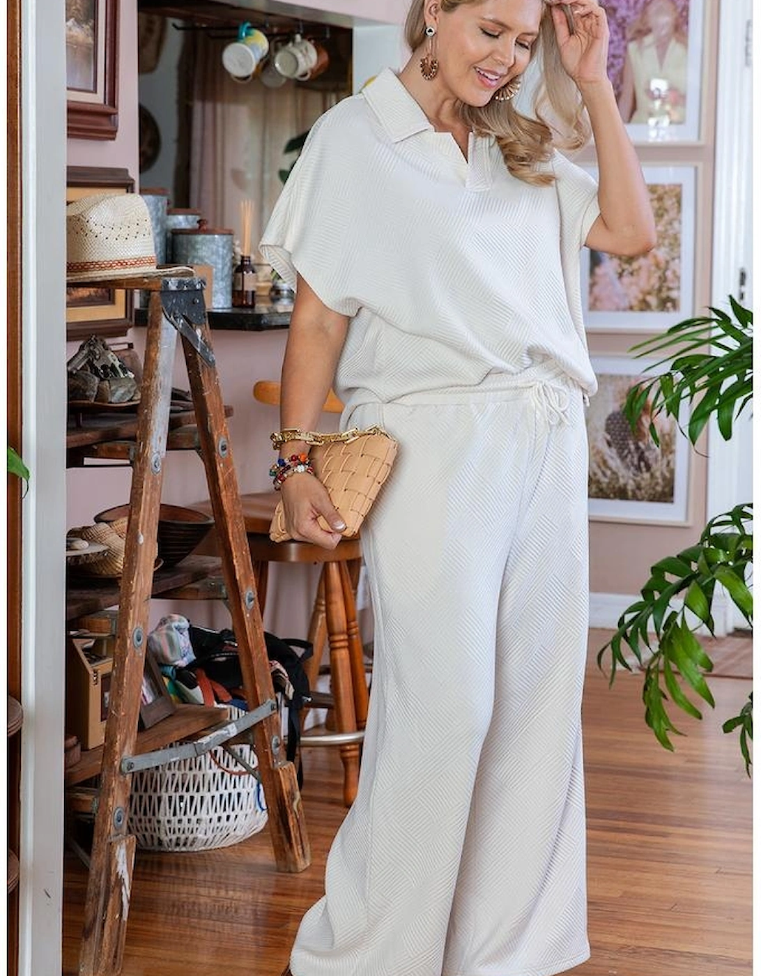 Beige Plus Size Textured Collared Top and Pants Set