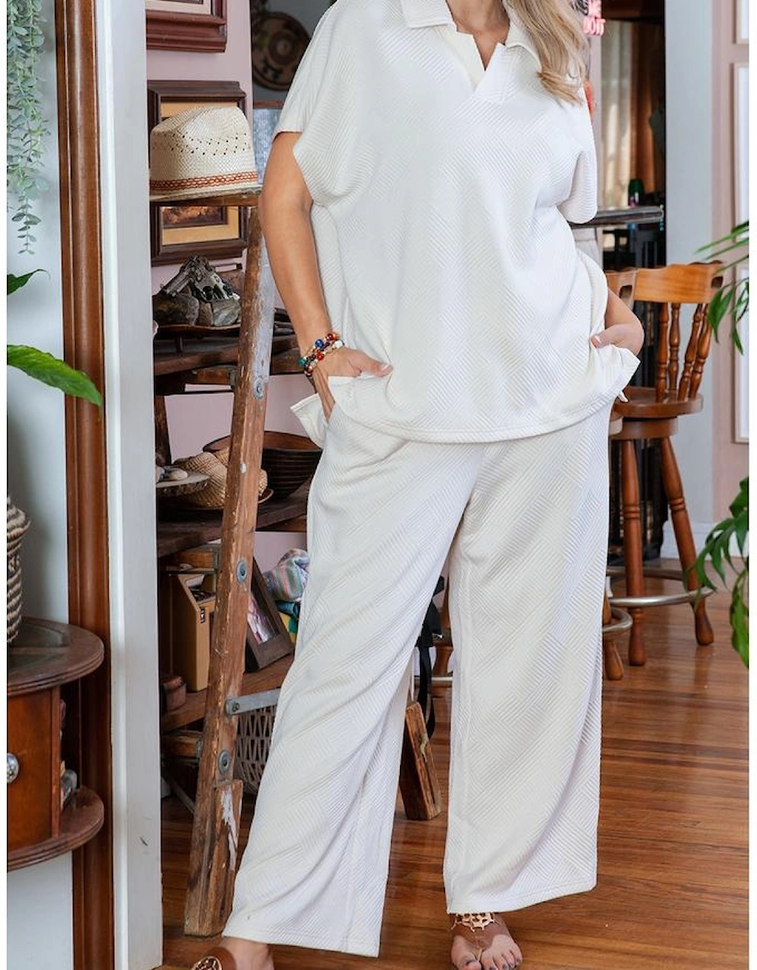 Beige Plus Size Textured Collared Top and Pants Set