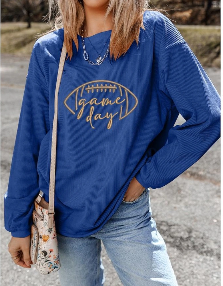 Dark Blue Rugby Game Day Embroidered Corduroy Sweatshirt