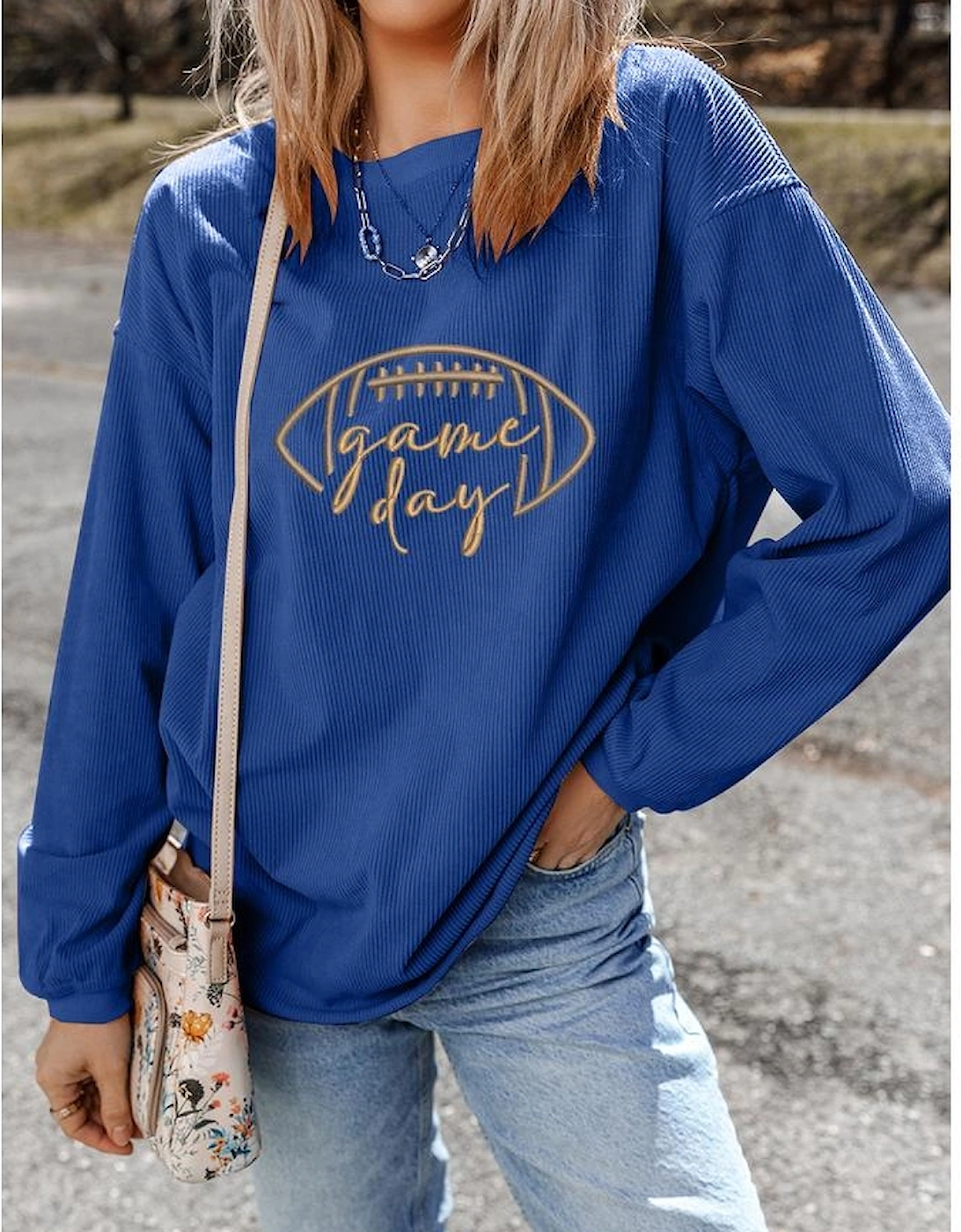 Dark Blue Rugby Game Day Embroidered Corduroy Sweatshirt