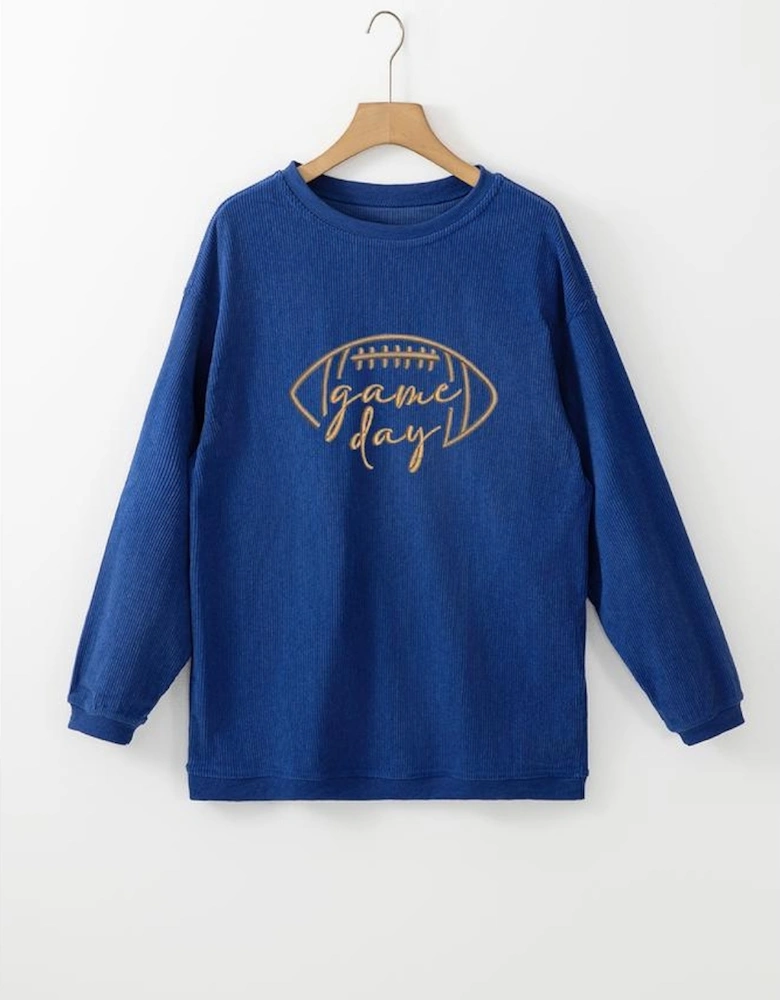 Dark Blue Rugby Game Day Embroidered Corduroy Sweatshirt