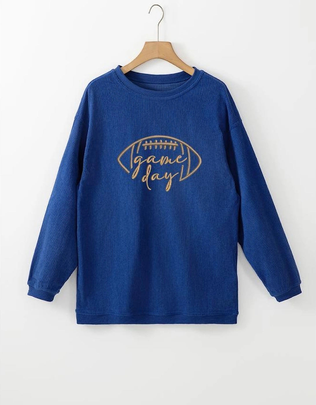 Dark Blue Rugby Game Day Embroidered Corduroy Sweatshirt