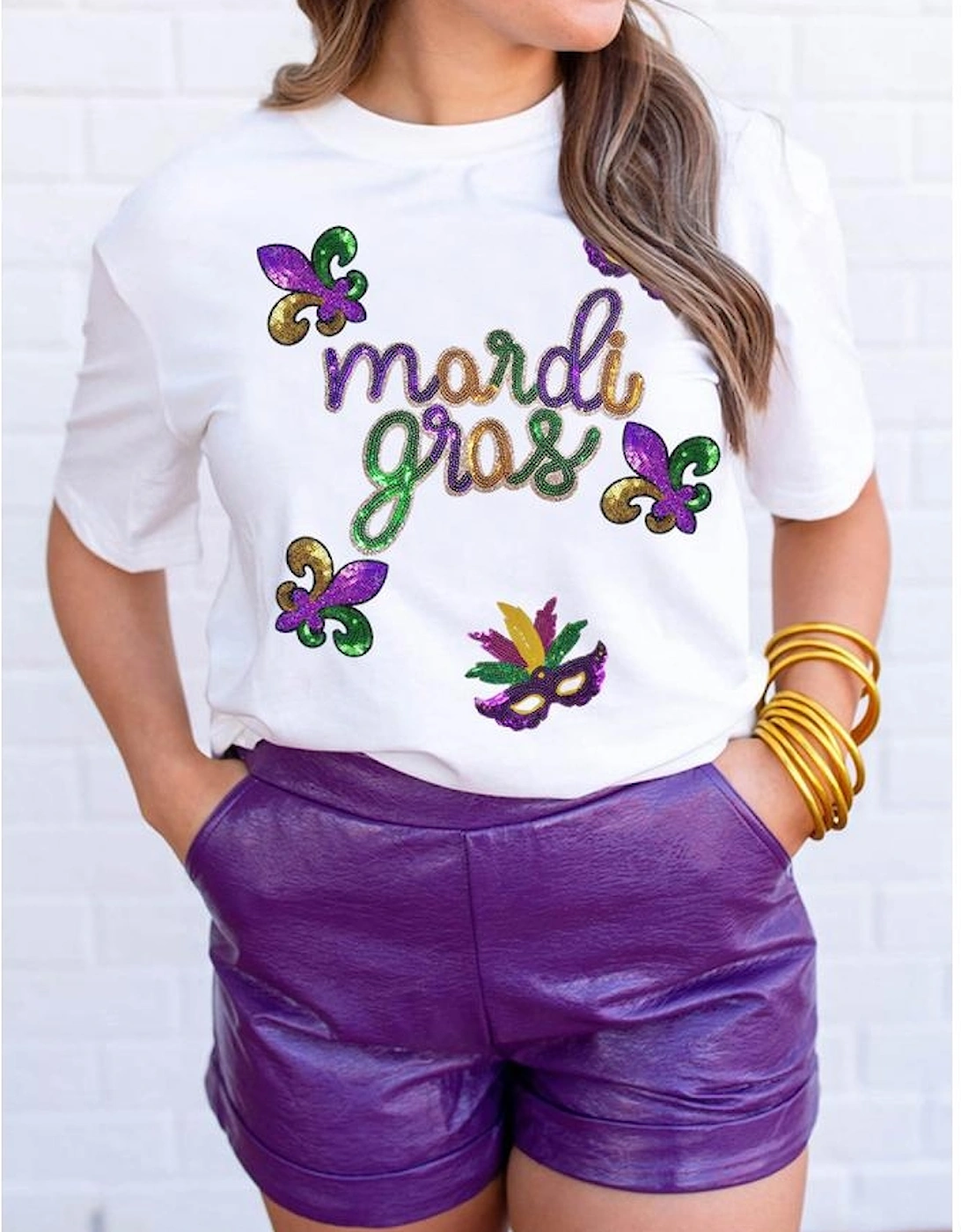 White Sequin Mardi Gras Pattern Graphic Crew Neck Tee
