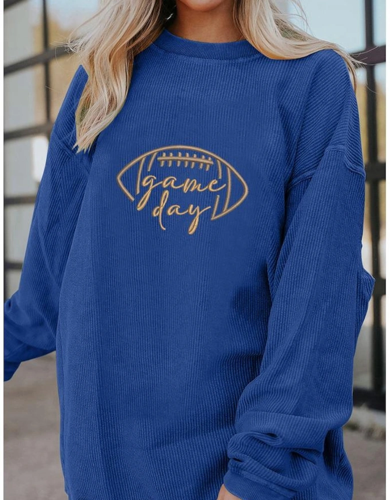 Dark Blue Rugby Game Day Embroidered Corduroy Sweatshirt