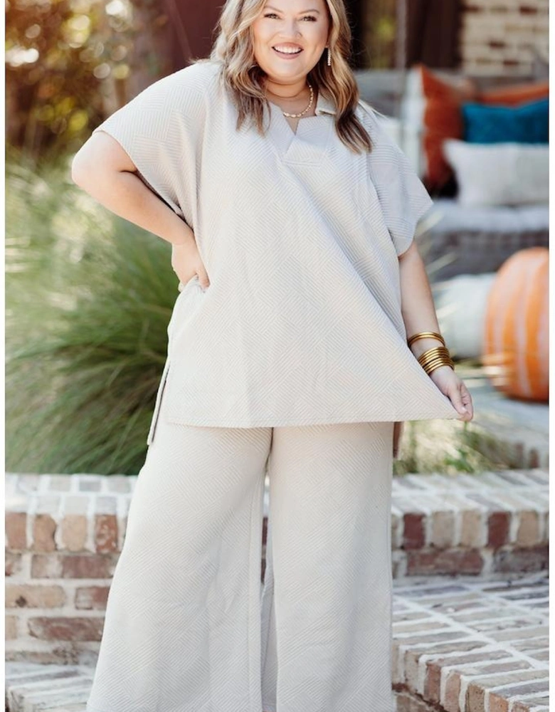 Beige Plus Size Textured Collared Top and Pants Set