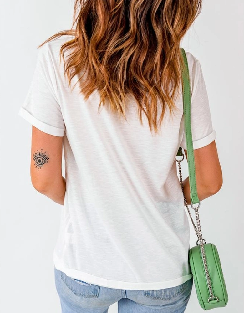 White Sequin Mardi Gras Pattern Graphic Crew Neck Tee