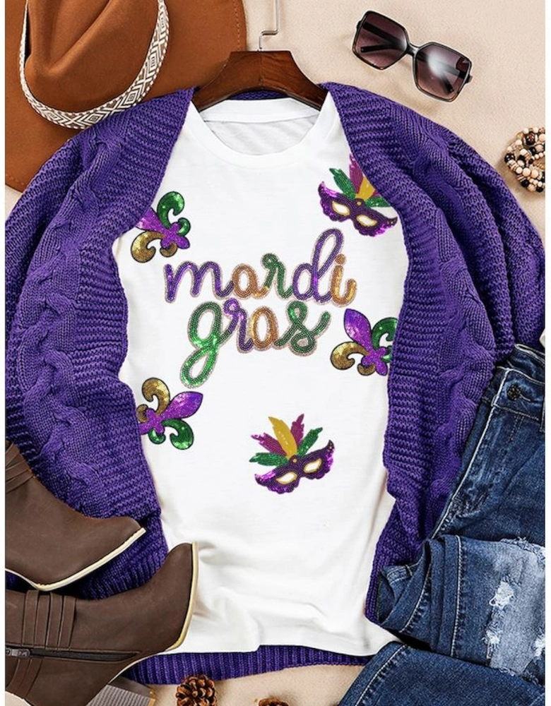 White Sequin Mardi Gras Pattern Graphic Crew Neck Tee
