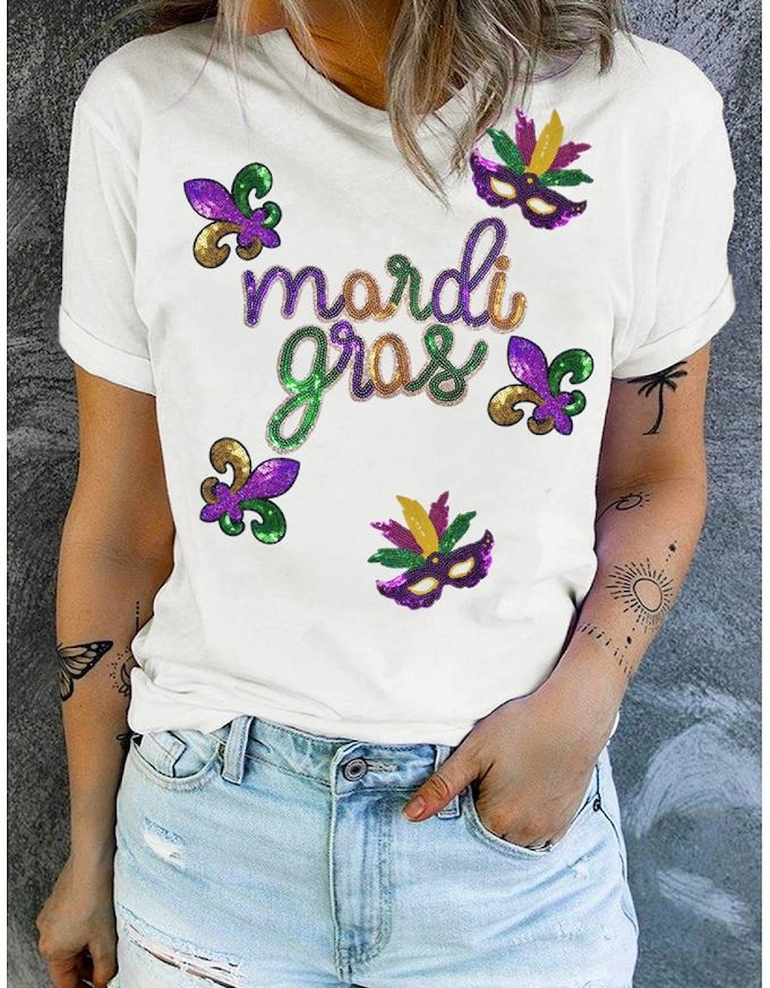 White Sequin Mardi Gras Pattern Graphic Crew Neck Tee, 6 of 5