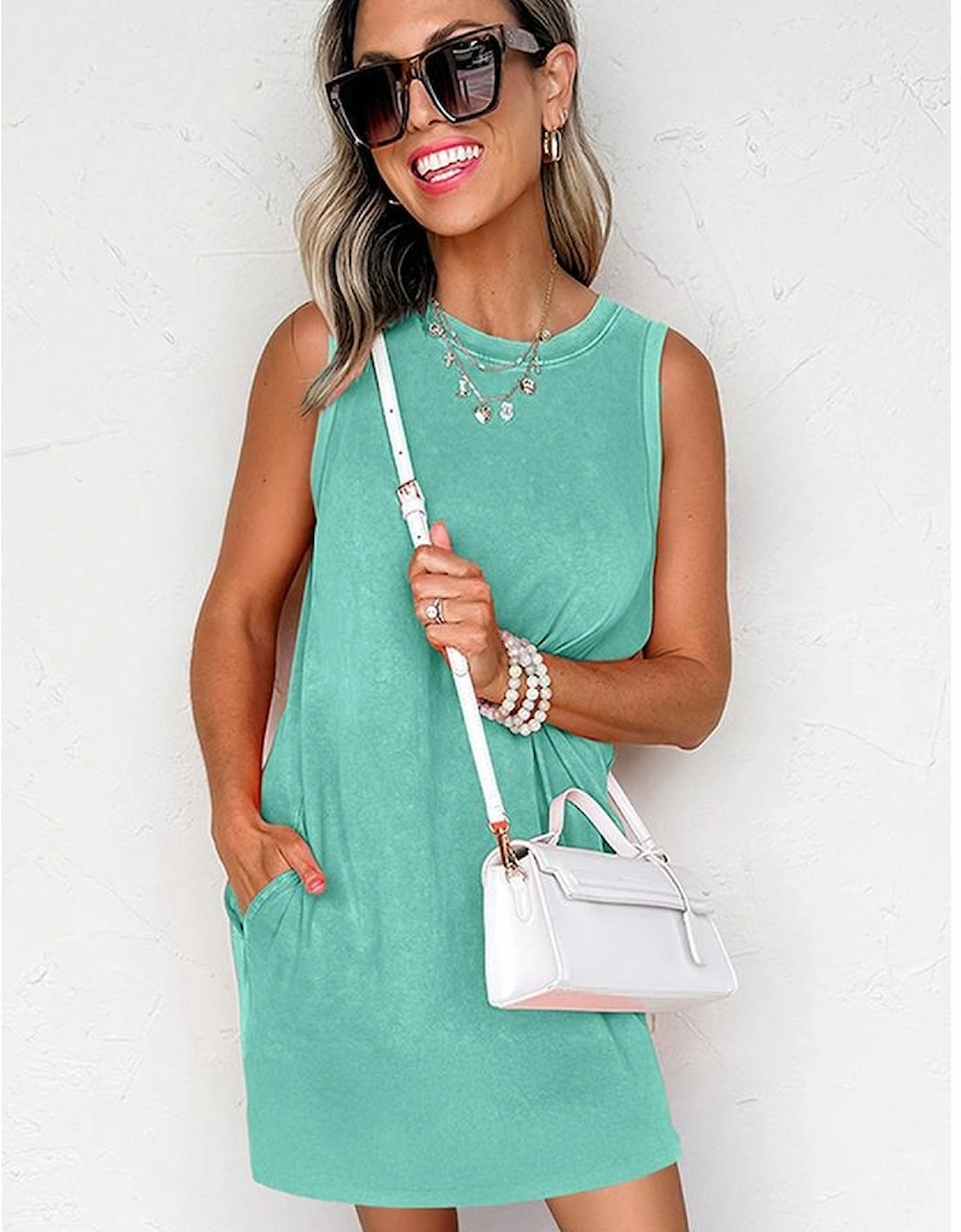 Sea Green Mineral Wash Tank Mini Dress with Pockets