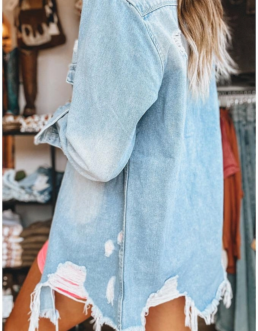 Beau Blue Mineral Wash Distressed Frayed Long Denim Jacket