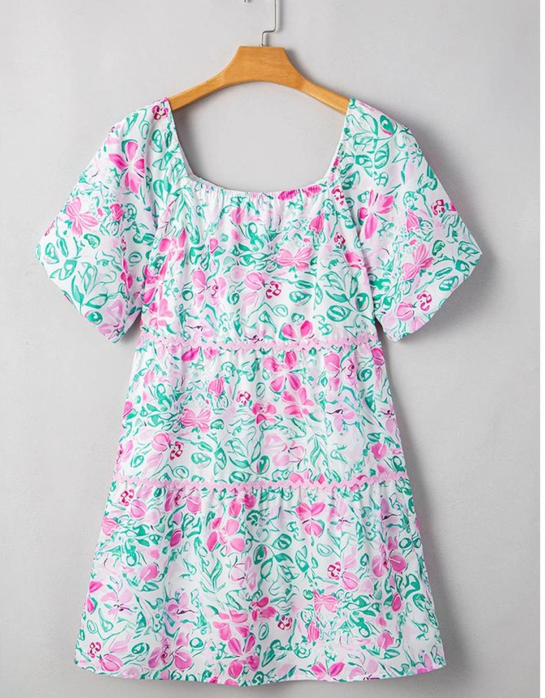 White Floral Print Ric-rac Trim Square Neck Plus Size Mini Dress