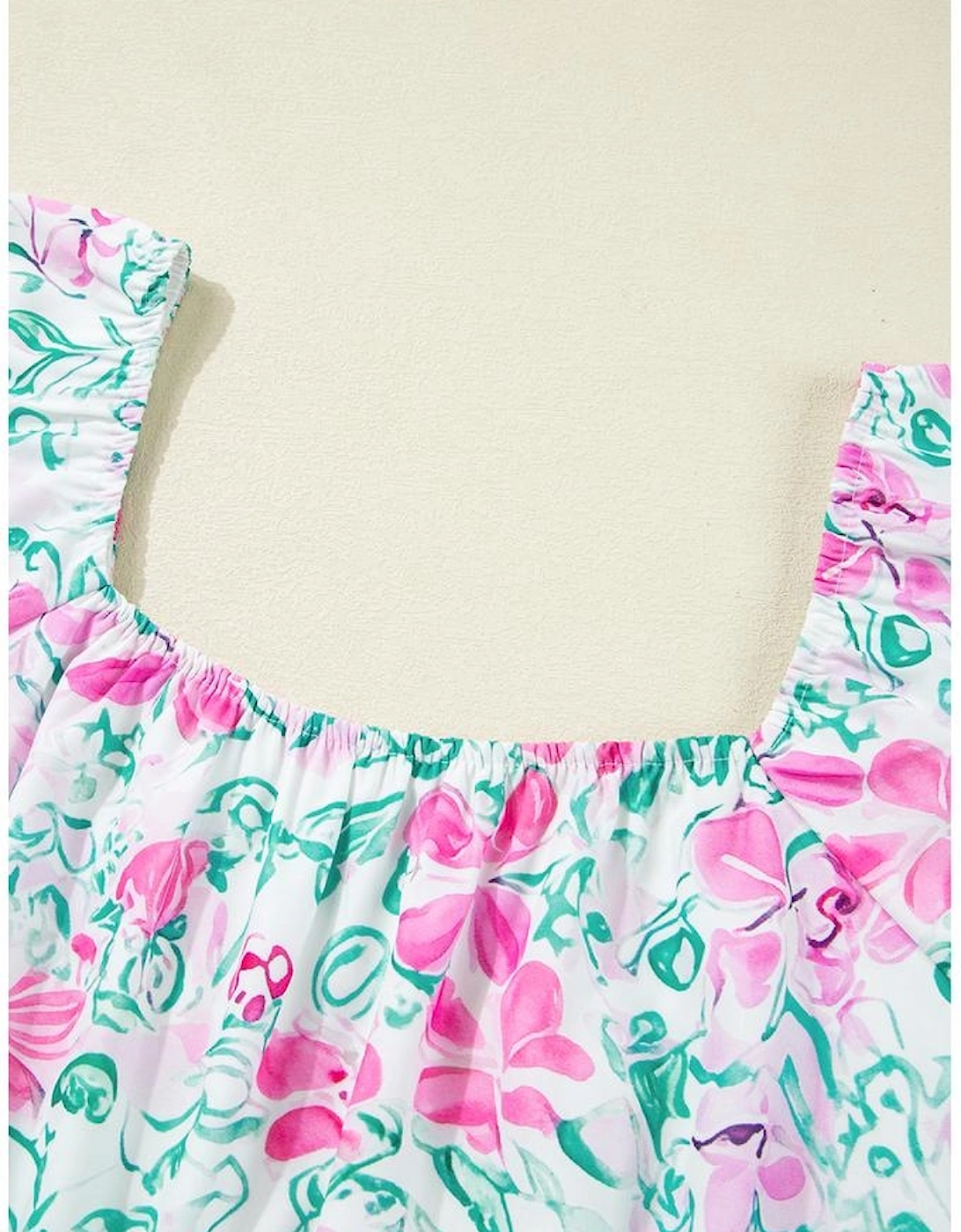 White Floral Print Ric-rac Trim Square Neck Plus Size Mini Dress