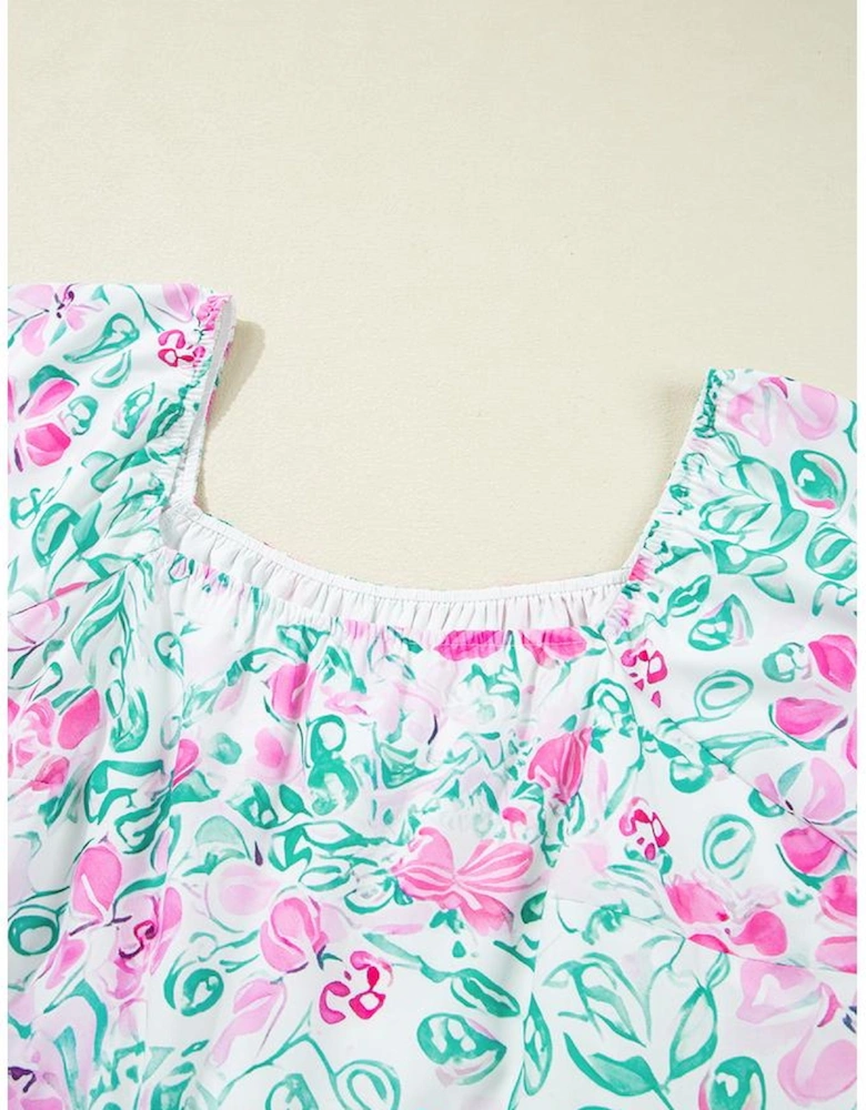 White Floral Print Ric-rac Trim Square Neck Plus Size Mini Dress