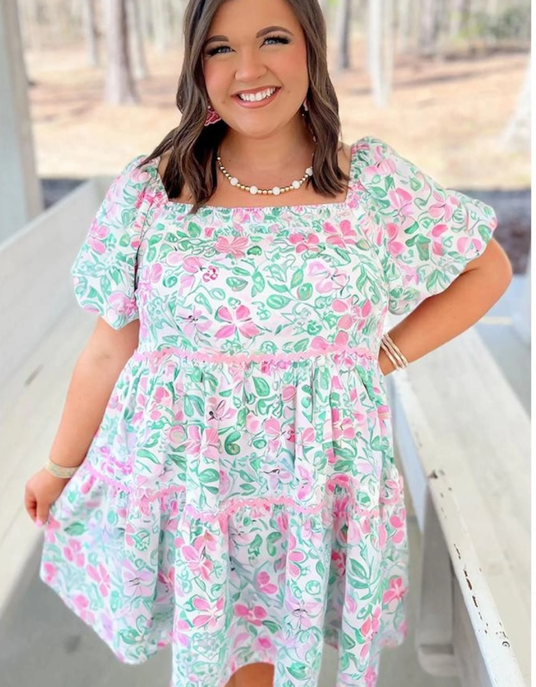 White Floral Print Ric-rac Trim Square Neck Plus Size Mini Dress