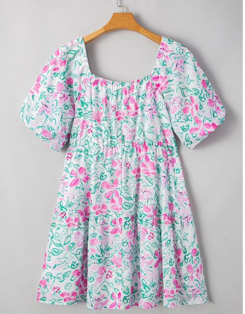 White Floral Print Ric-rac Trim Square Neck Plus Size Mini Dress