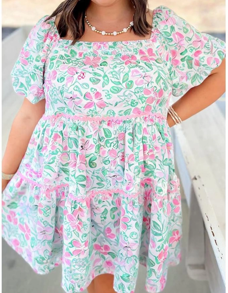 White Floral Print Ric-rac Trim Square Neck Plus Size Mini Dress