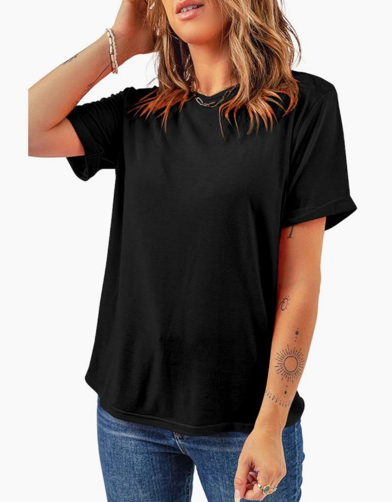 Black Casual Plain Crew Neck Tee