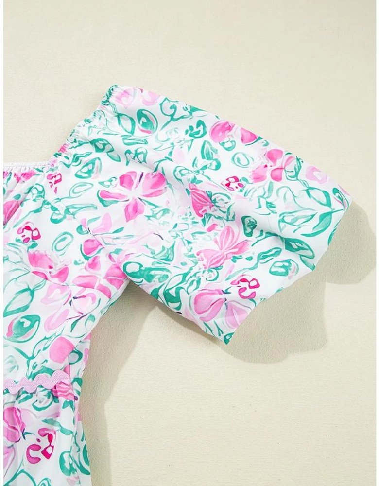 White Floral Print Ric-rac Trim Square Neck Plus Size Mini Dress