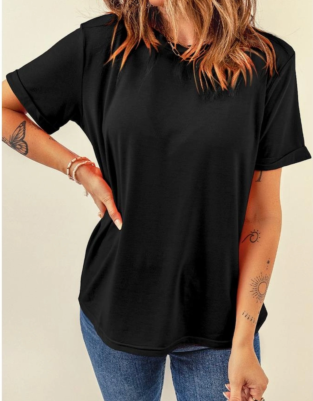 Black Casual Plain Crew Neck Tee