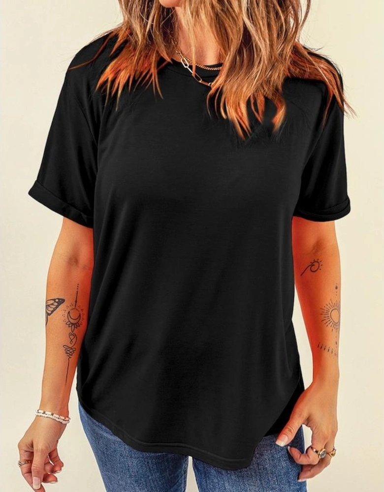 Black Casual Plain Crew Neck Tee