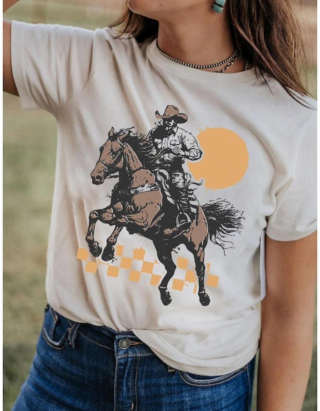 White Sunset Cowboy Print Western Fashion T Shirt