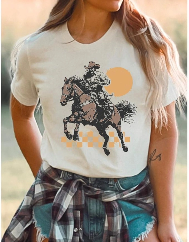White Sunset Cowboy Print Western Fashion T Shirt