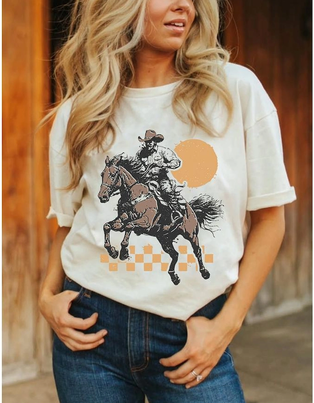 White Sunset Cowboy Print Western Fashion T Shirt