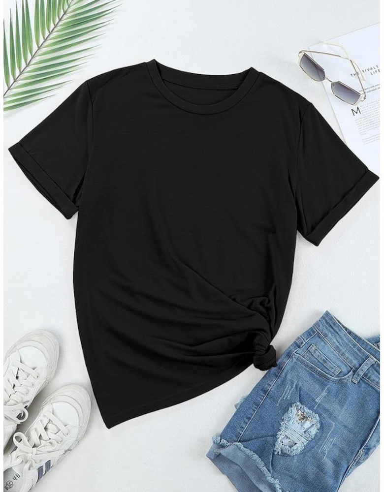 Black Casual Plain Crew Neck Tee