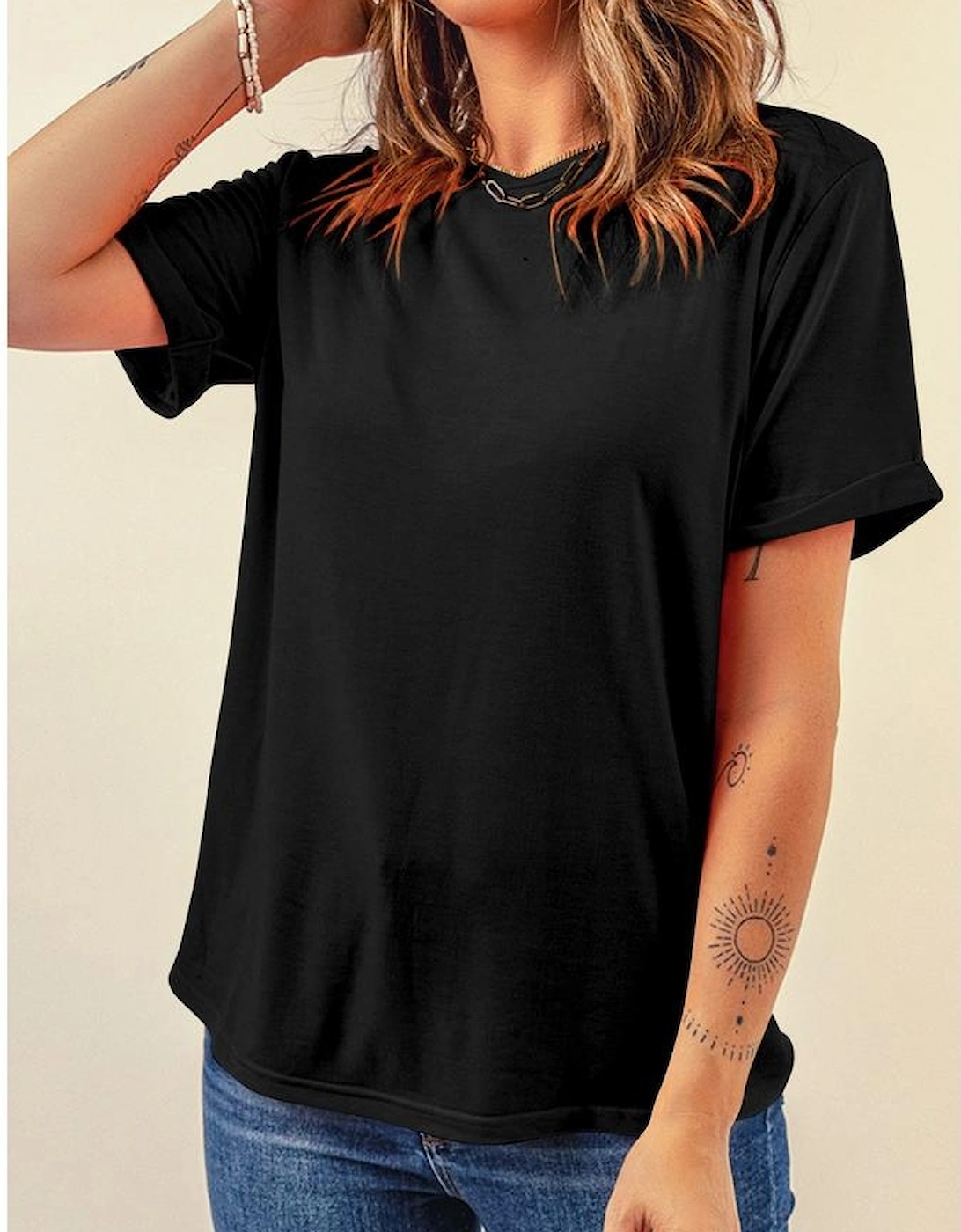 Black Casual Plain Crew Neck Tee