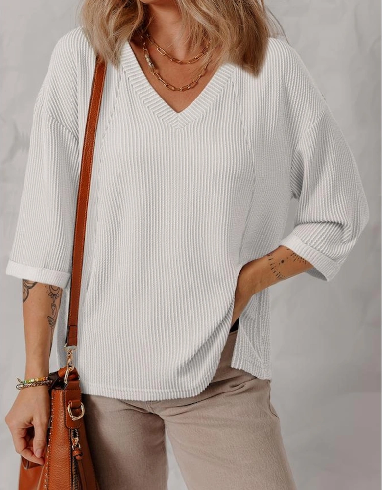 White Solid Color Corded Drop Shoulder 3/4 Sleeve V Neck Top
