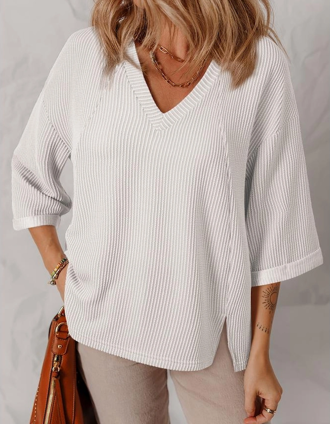 White Solid Color Corded Drop Shoulder 3/4 Sleeve V Neck Top