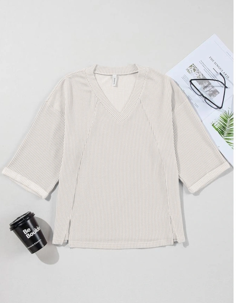 White Solid Color Corded Drop Shoulder 3/4 Sleeve V Neck Top